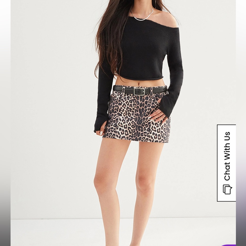 Leopard Mid Rise Denim Mini Skirt